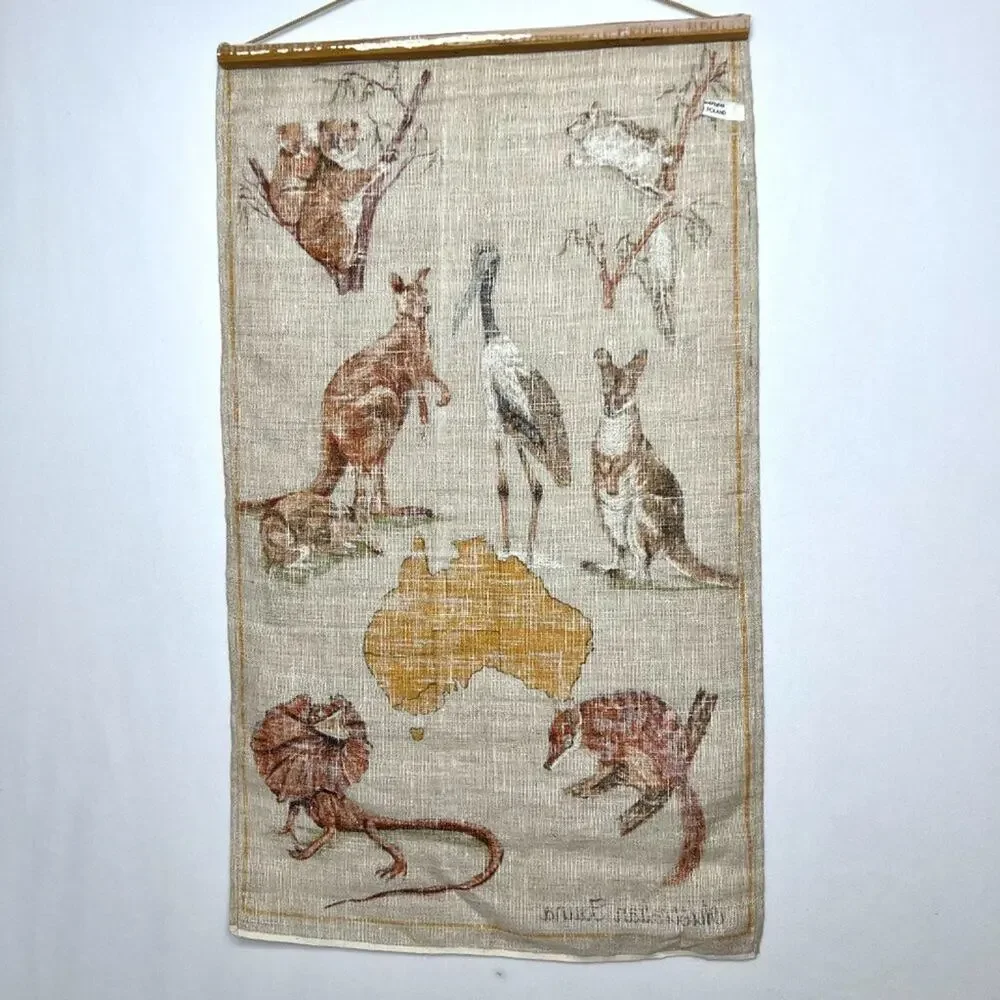 Vintage Hand Printed Pure Linen Australian Fauna Hanging Art